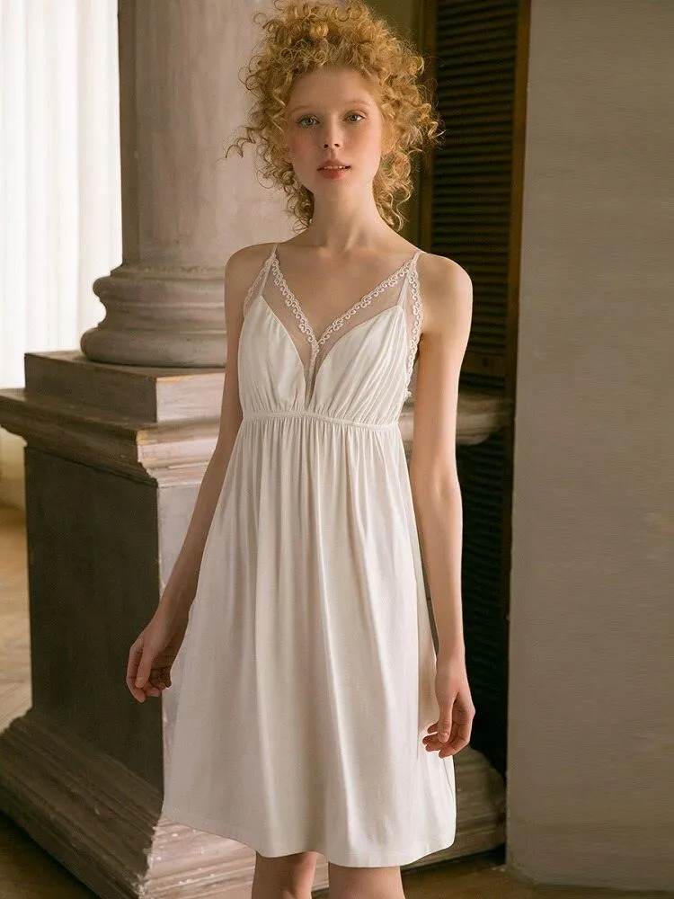 Victorian Nightgown, Sexy V-neck White Lace Nightgown, Women's  Sleeveless Vintage Loose Nightdress