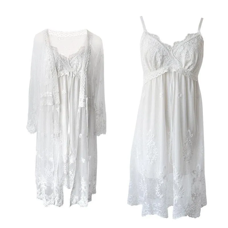 Victorian nightgown, Vintage Women's Nightgown, White Lace 2-Pics Royal Lace Nightgown