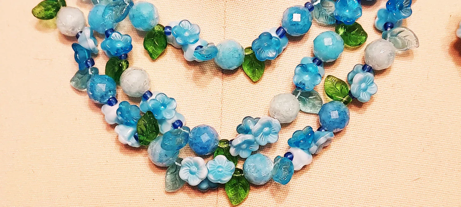 *VINTAGE 50S 60S BLUE GLASS FLORAL NECKLACE W LEAVES AND EARRINGS SET WEST GERMANY