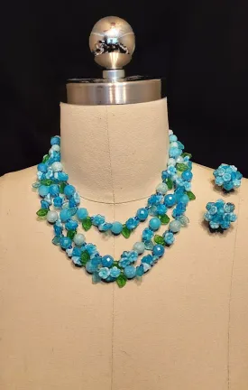 *VINTAGE 50S 60S BLUE GLASS FLORAL NECKLACE W LEAVES AND EARRINGS SET WEST GERMANY