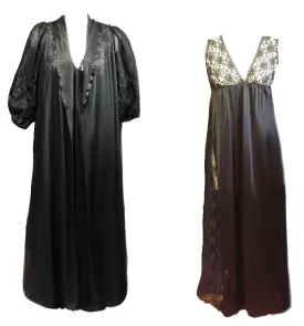 *VINTAGE 60s / '70s MISS ELAINE DOUBLE NYLON BLACK PEIGNOIR & NIGHTGOWN