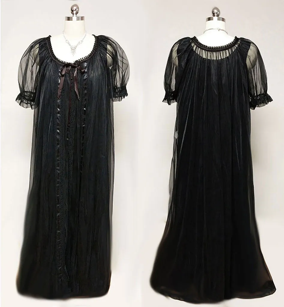 VINTAGE 60s / '70s TOSCA LINGERIE SHEER BLACK PEIGNOIR & DOUBLE NYLON NIGHTGOWN SET