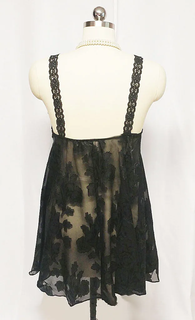 *VINTAGE 80s GLAMOROUS L. A. INTIMATES BURNOUT SHEER & SATIN BABY DOLL SHORTY NIGHTGOWN & PEIGNOIR SET