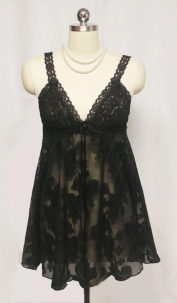 *VINTAGE 80s GLAMOROUS L. A. INTIMATES BURNOUT SHEER & SATIN BABY DOLL SHORTY NIGHTGOWN & PEIGNOIR SET