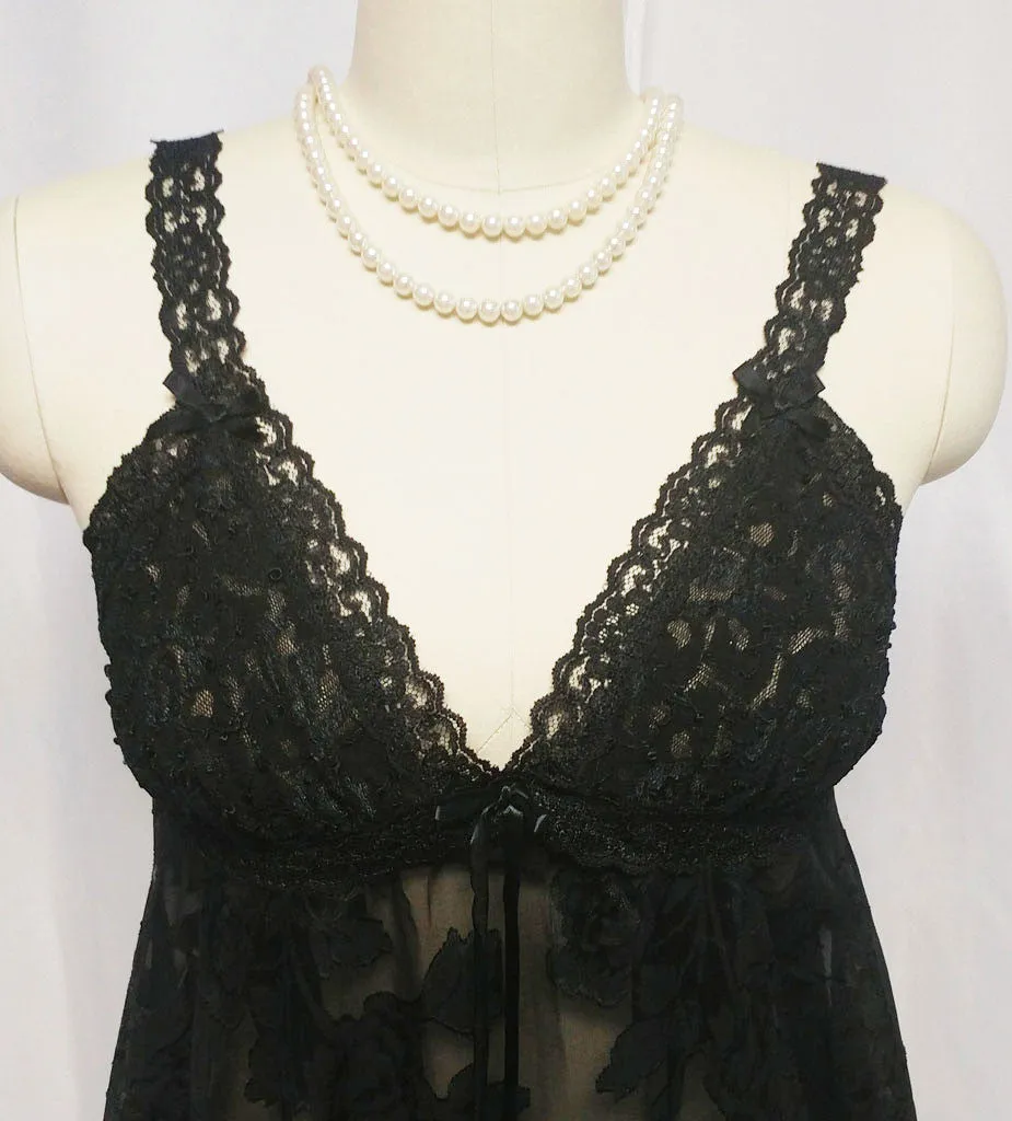 *VINTAGE 80s GLAMOROUS L. A. INTIMATES BURNOUT SHEER & SATIN BABY DOLL SHORTY NIGHTGOWN & PEIGNOIR SET