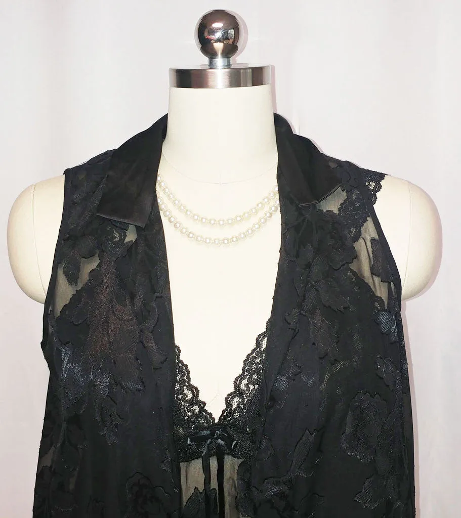 *VINTAGE 80s GLAMOROUS L. A. INTIMATES BURNOUT SHEER & SATIN BABY DOLL SHORTY NIGHTGOWN & PEIGNOIR SET