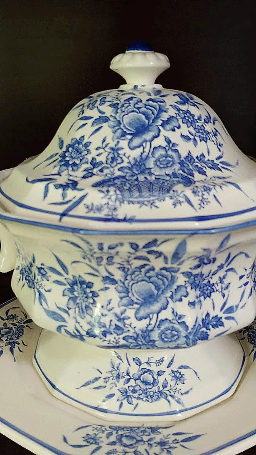 VINTAGE ELEGANT FRENCH COUNTRY BLUE TOILE 4-PIECE SOUP TUREEN, LID UNDER PLATE & LADLE