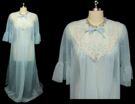 *VINTAGE FANCY DEENA IVORY & BLUE LACE APPLIQUES PEIGNOIR IN NEPTUNE