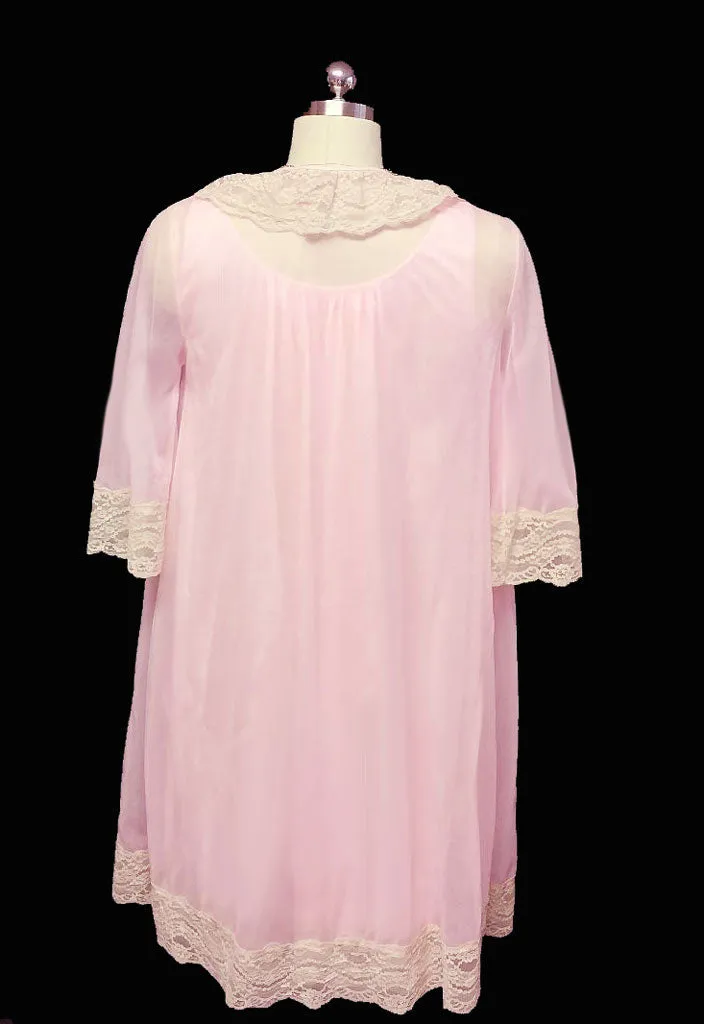 *VINTAGE GILEAD BRIDAL TROUSSEAU DOUBLE NYLON NIGHTGOWN & PEIGNOIR SET IN SUGARED GUMDROP