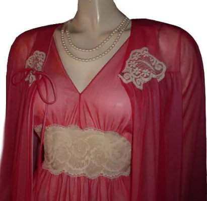 *VINTAGE INTIME DOUBLE NYLON & IVORY LACE PEIGNOIR & NIGHTGOWN SET IN CHERRIES JUBILEE