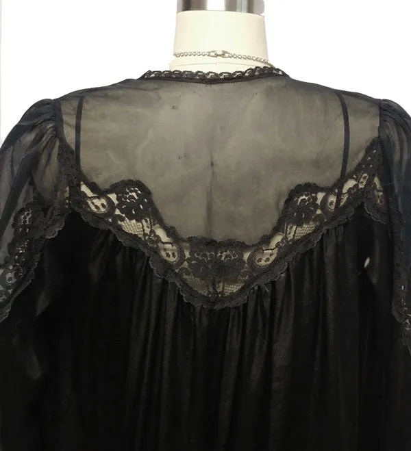 *VINTAGE INTIME OF CALIFORNA HEAVY SATIN BLACK LACE PEIGNOIR & NIGHTGOWN SET