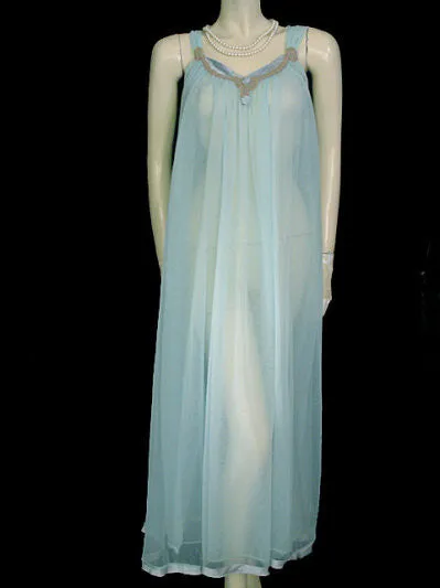 *VINTAGE JENELLE DOUBLE NYLON PEIGNOIR & NIGHTGOWN SET WITH SATIN & ECRU LACE TRIM IN CARIBBEAN JEWEL