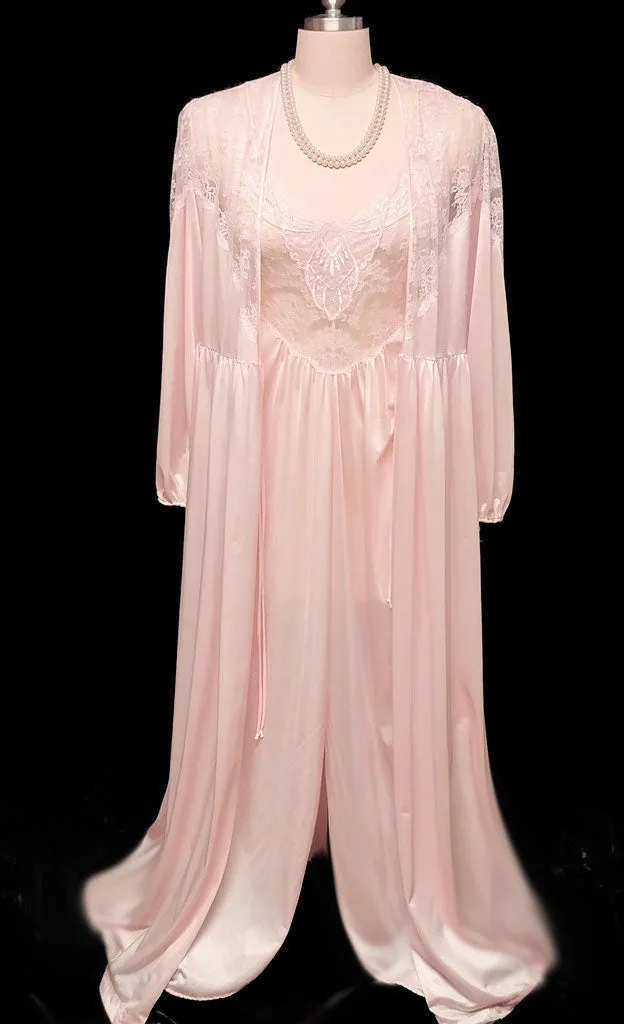 *VINTAGE LILY OF FRANCE SLEEPWEAR BRIDAL WEDDING NIGHT LACE PEIGNOIR & NIGHTGOWN SET IN DUSTING POWDER