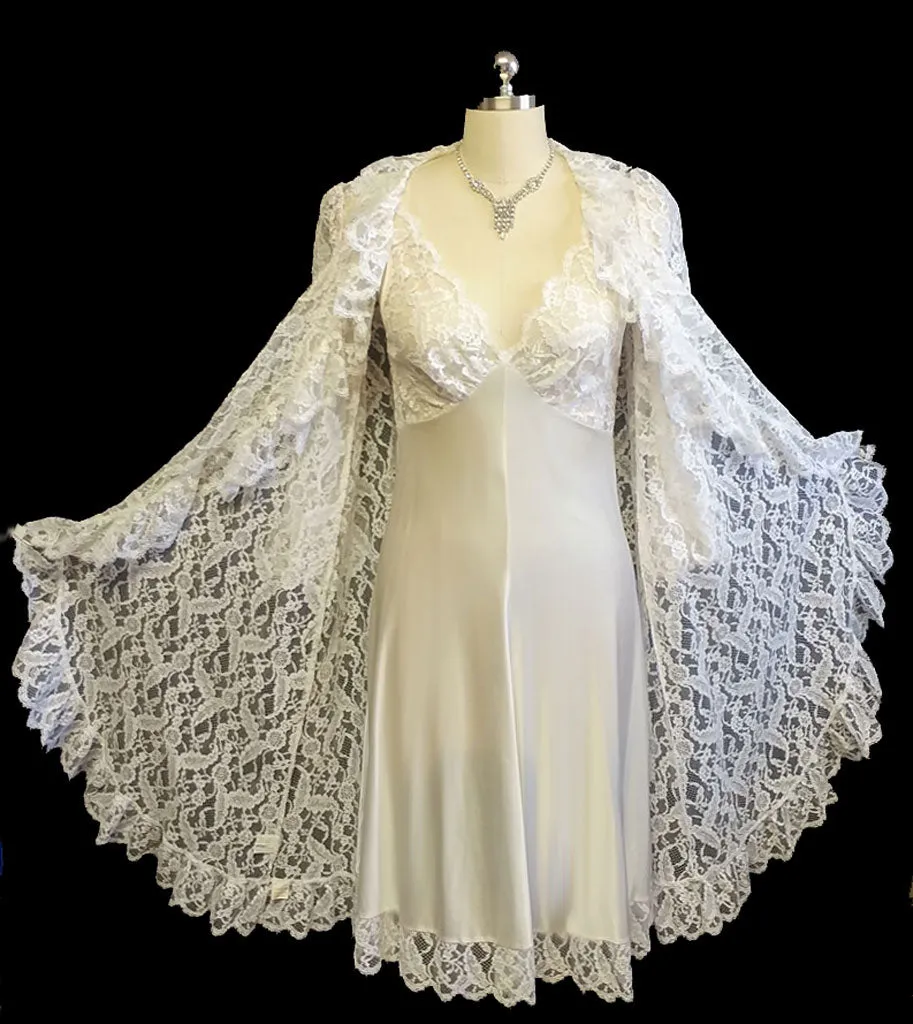 *VINTAGE LUCIE ANN FOR CLAIRE SANDRA BEVERLY HILLS EYELASH LACE BRIDAL TROUSSEAU PEIGNOIR & NIGHTGOWN SET