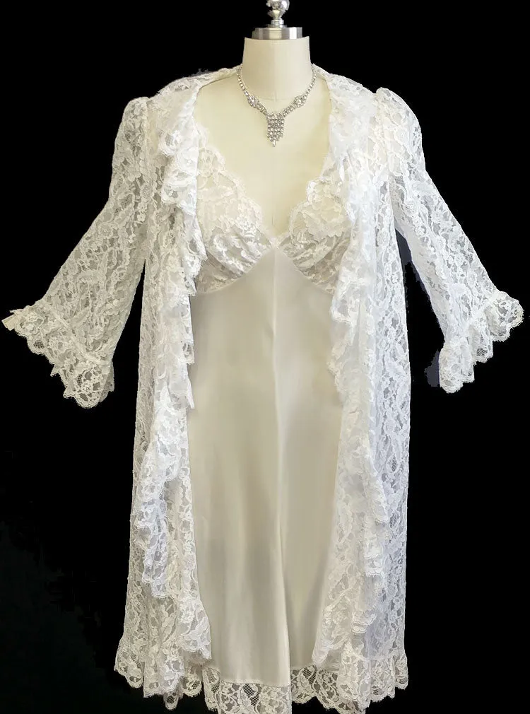 *VINTAGE LUCIE ANN FOR CLAIRE SANDRA BEVERLY HILLS EYELASH LACE BRIDAL TROUSSEAU PEIGNOIR & NIGHTGOWN SET