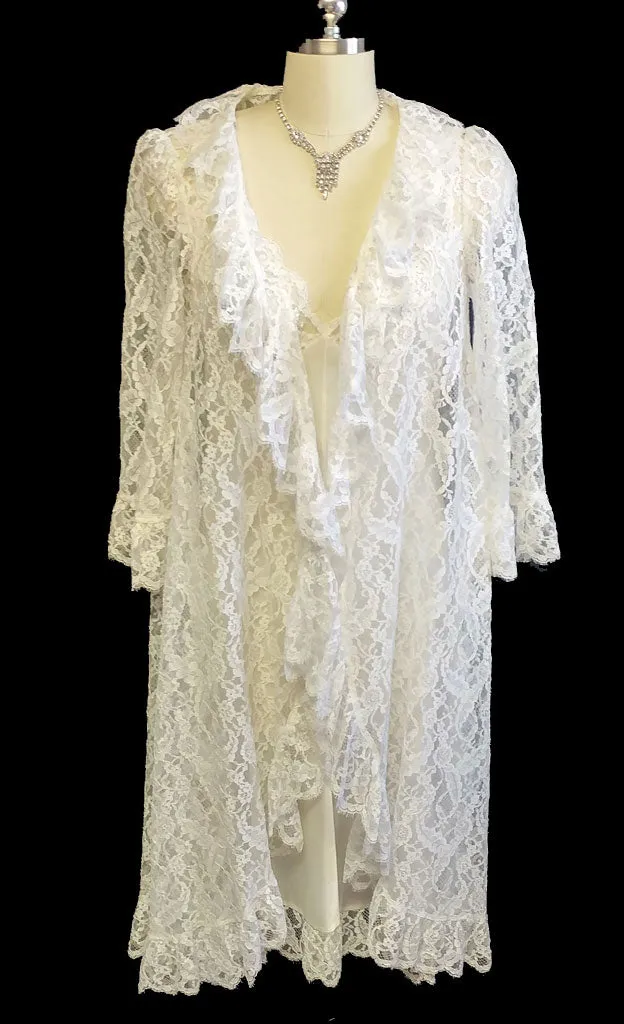 *VINTAGE LUCIE ANN FOR CLAIRE SANDRA BEVERLY HILLS EYELASH LACE BRIDAL TROUSSEAU PEIGNOIR & NIGHTGOWN SET