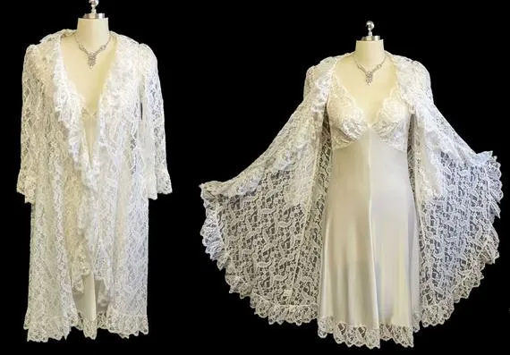 *VINTAGE LUCIE ANN FOR CLAIRE SANDRA BEVERLY HILLS EYELASH LACE BRIDAL TROUSSEAU PEIGNOIR & NIGHTGOWN SET