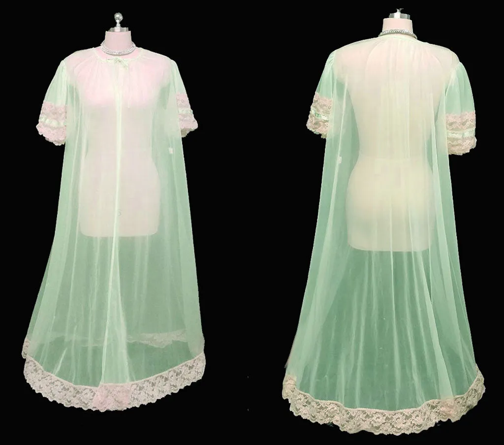 *VINTAGE TOSCA PEIGNOIR TRIMMED WITH SATIN & ECRU LACE BABY DOLL SLEEVES IN SEASPRAY - SIZE LARGE