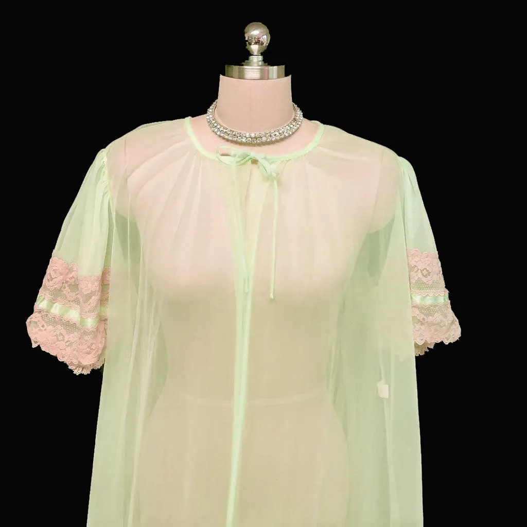 *VINTAGE TOSCA PEIGNOIR TRIMMED WITH SATIN & ECRU LACE BABY DOLL SLEEVES IN SEASPRAY - SIZE LARGE