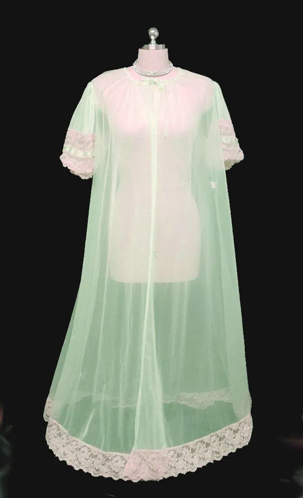 *VINTAGE TOSCA PEIGNOIR TRIMMED WITH SATIN & ECRU LACE BABY DOLL SLEEVES IN SEASPRAY - SIZE LARGE