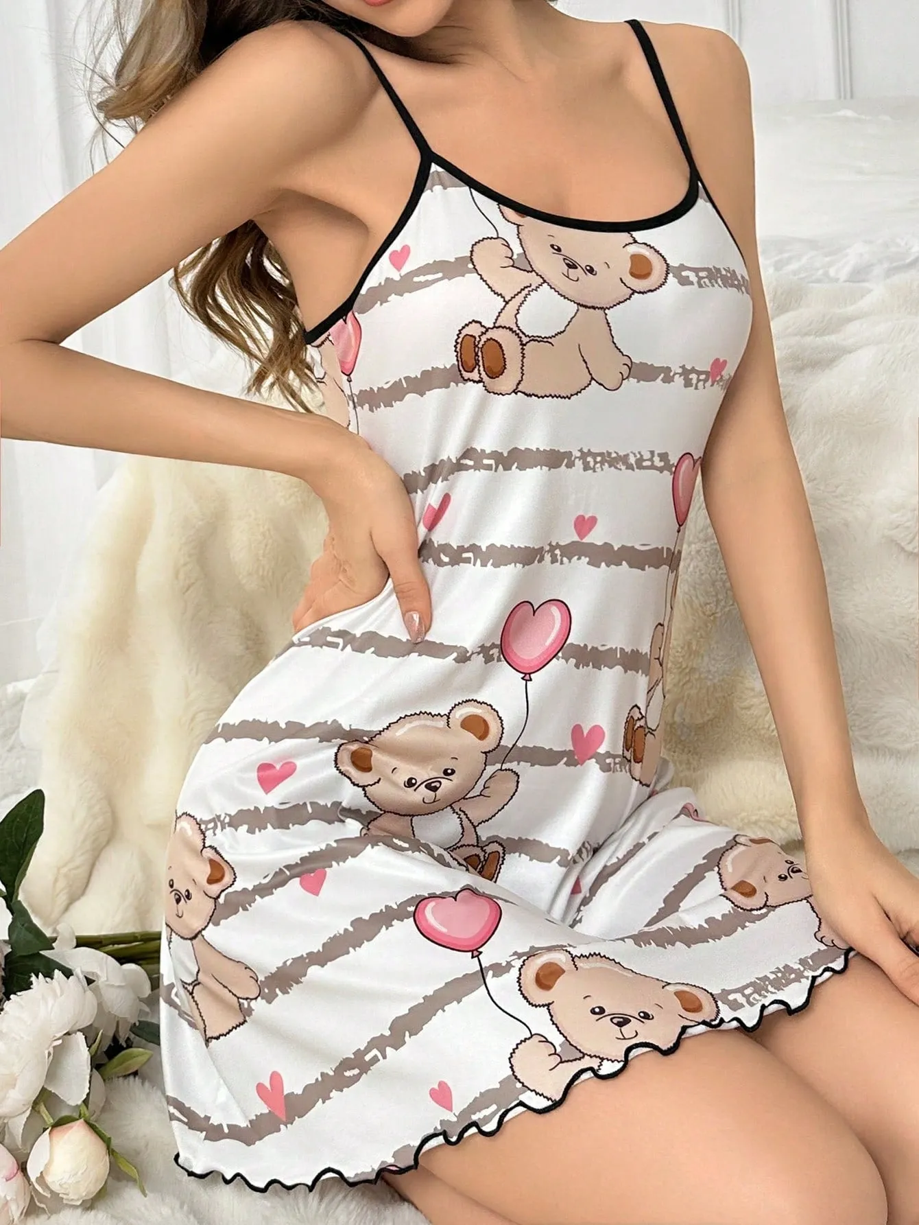 White Striped Bear Balloon Patterned Cami Sleep Dress Pajama Dress