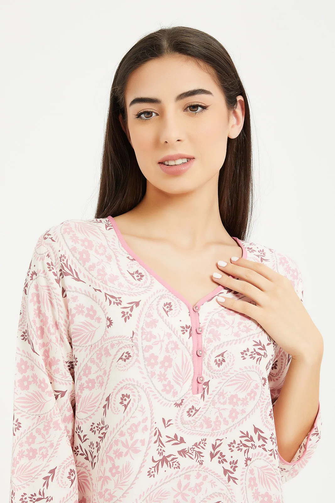 Women Pink Flower Printed Nightgown