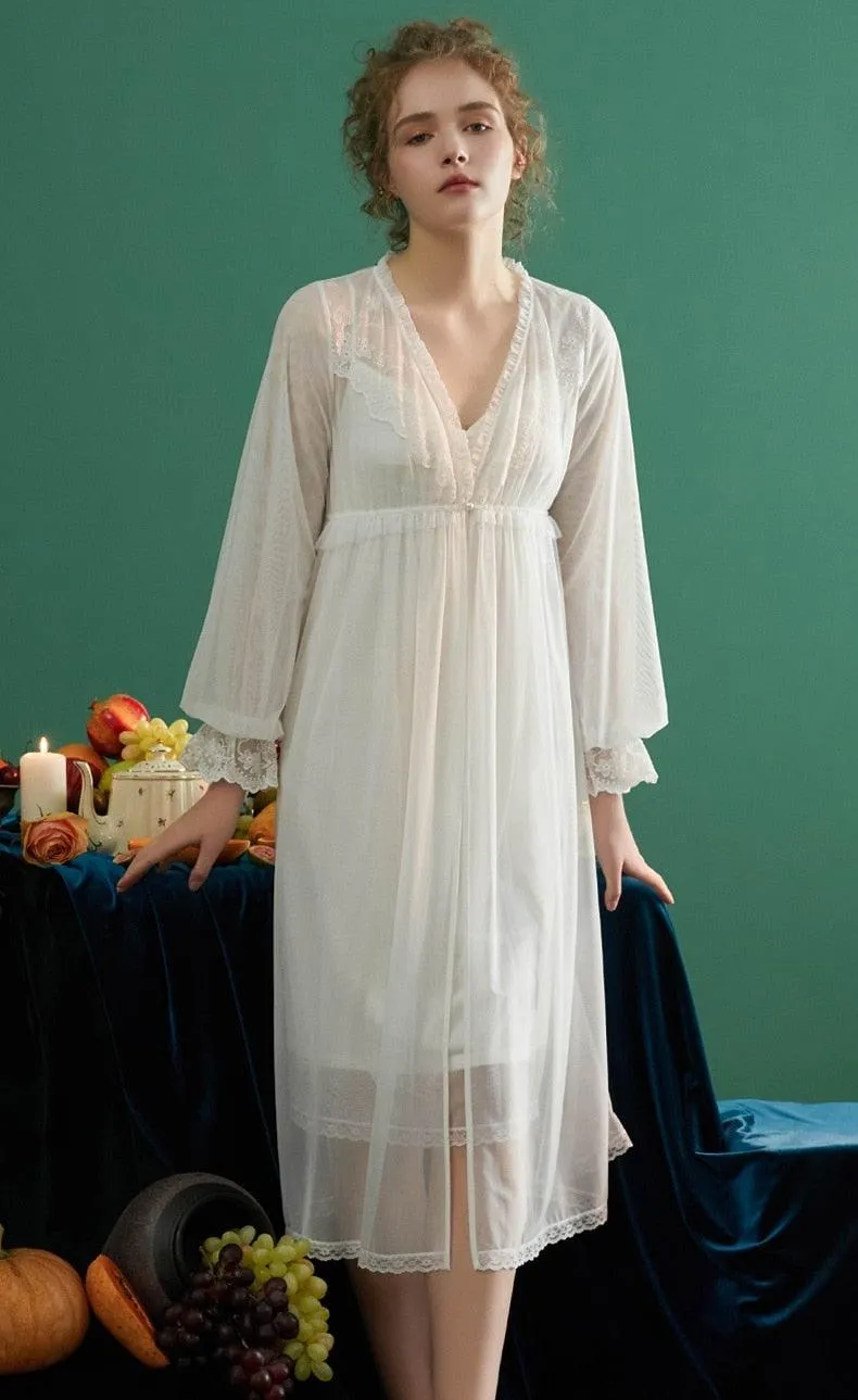 Women Vintage Princess Delicate 2 Pieces Robe Sets, Victorian V-neck Long Sleeve Embroidery Lace Nightgown