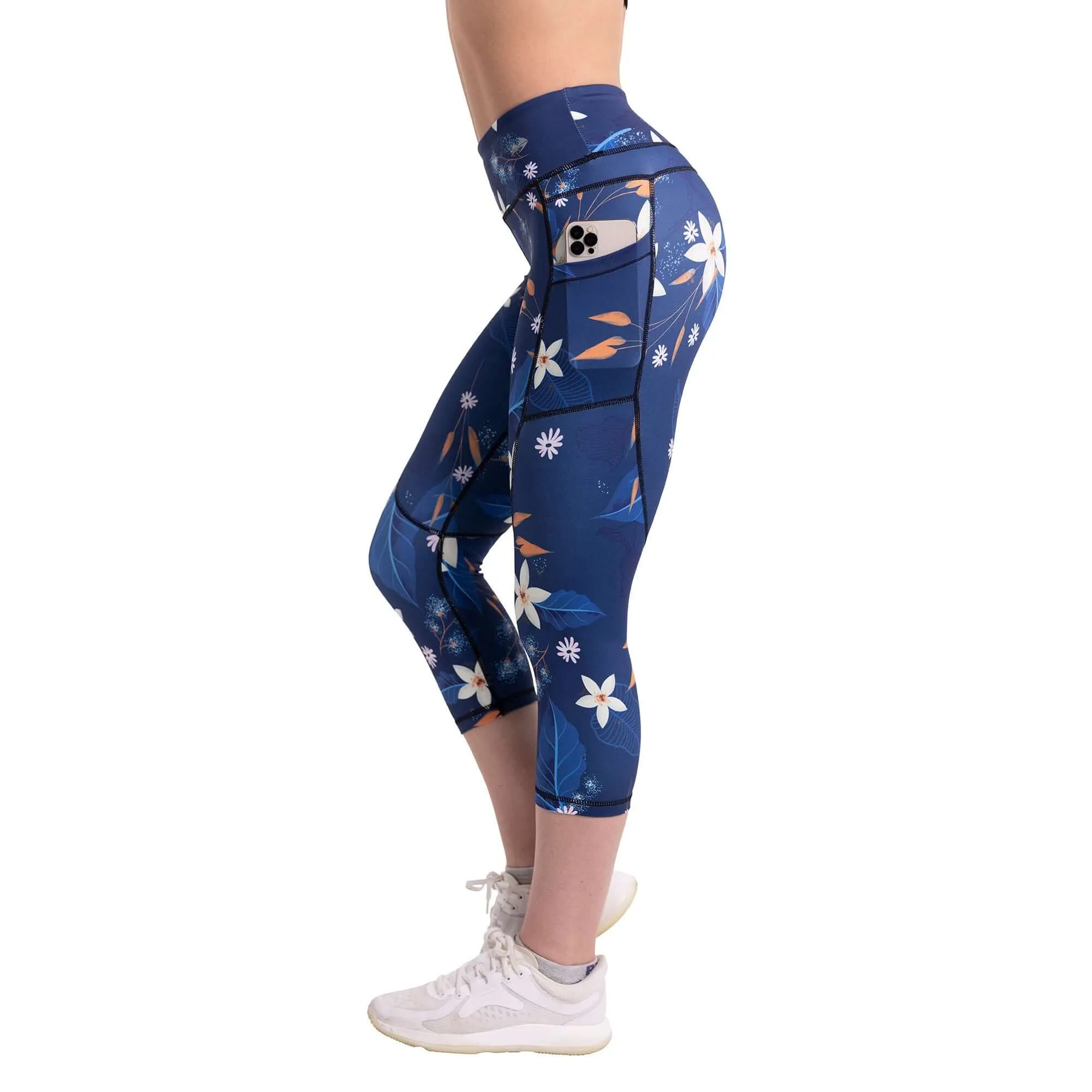 Women's Compression Capris W/ Pockets - Flower Blue