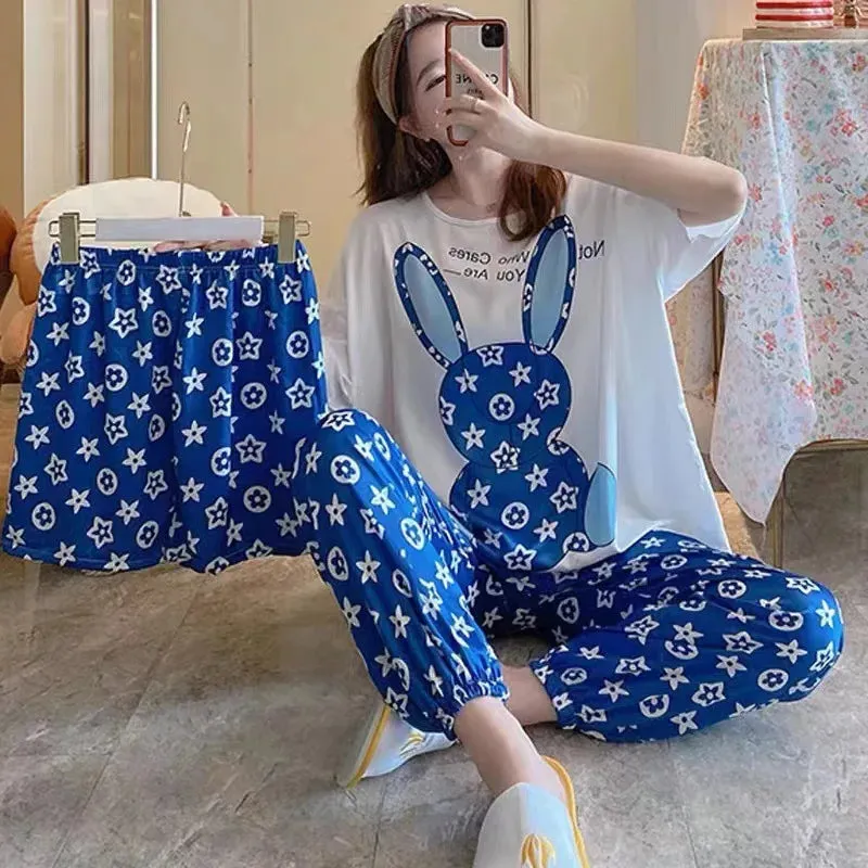 Women's New Pajamas Three-Piece Female Summer Short-Sleeved Loose Korean Version Of The Students Large Size Home Wear Pajamas