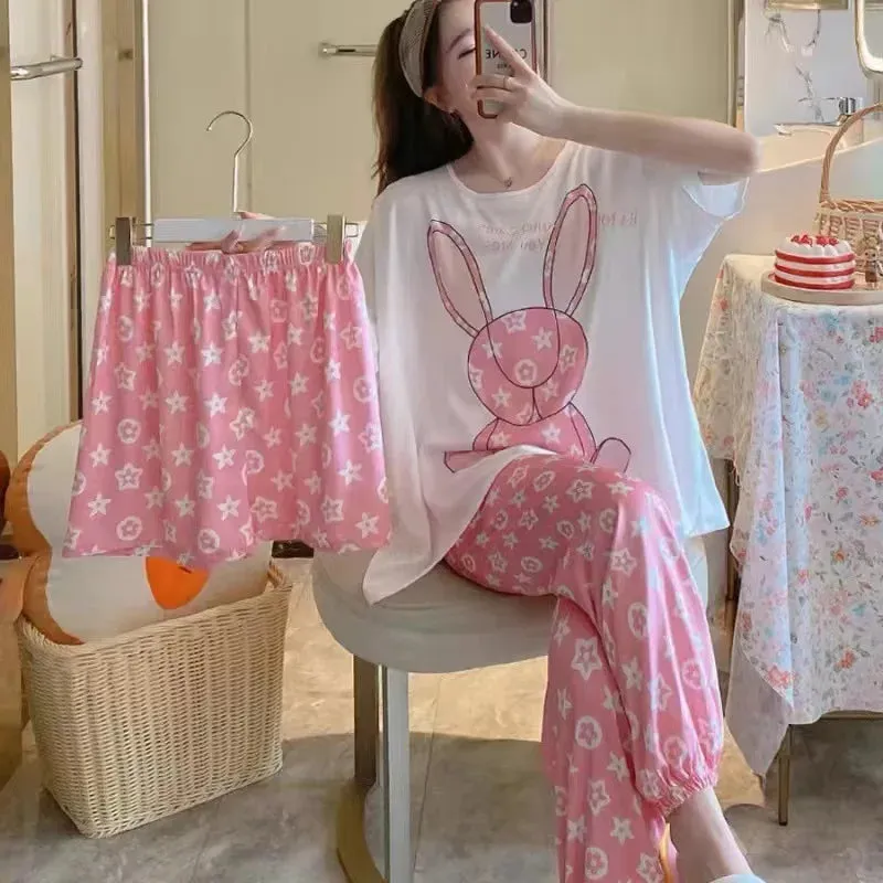 Women's New Pajamas Three-Piece Female Summer Short-Sleeved Loose Korean Version Of The Students Large Size Home Wear Pajamas