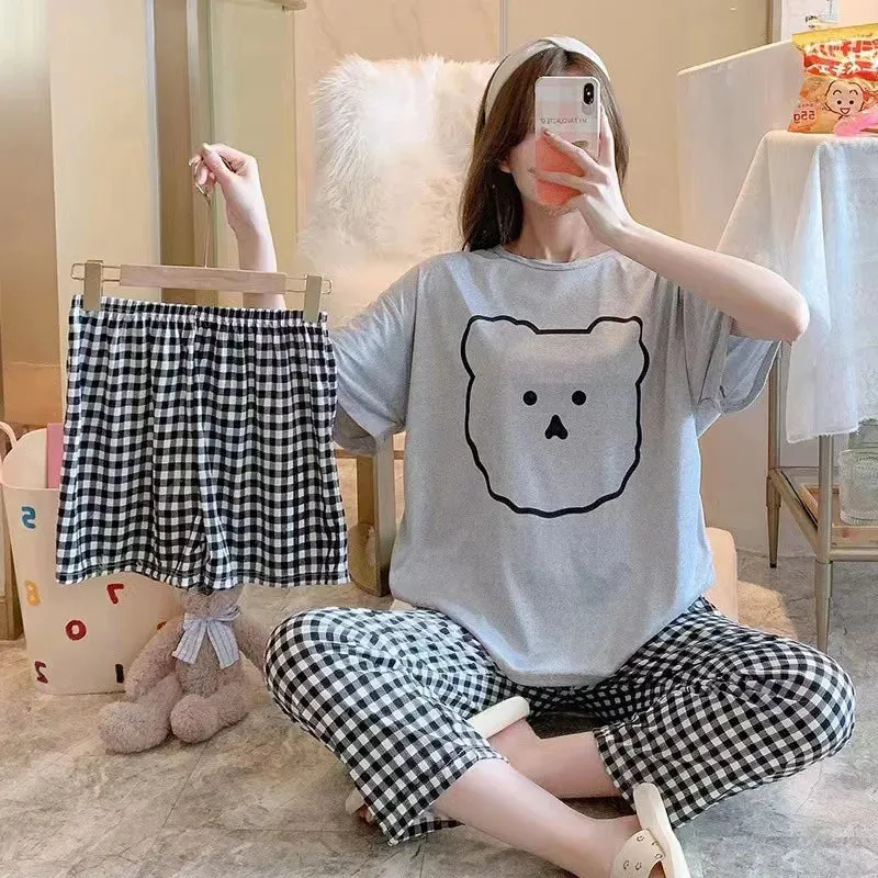 Women's New Pajamas Three-Piece Female Summer Short-Sleeved Loose Korean Version Of The Students Large Size Home Wear Pajamas