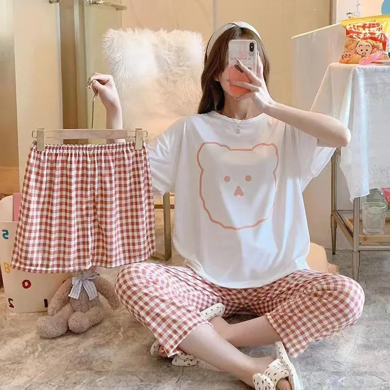 Women's New Pajamas Three-Piece Female Summer Short-Sleeved Loose Korean Version Of The Students Large Size Home Wear Pajamas