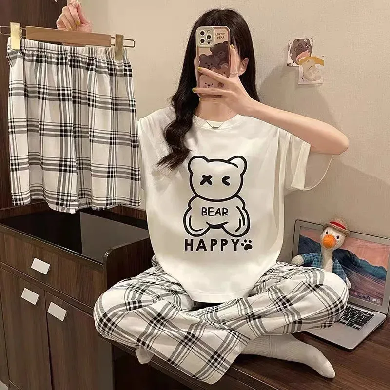 Women's New Pajamas Three-Piece Female Summer Short-Sleeved Loose Korean Version Of The Students Large Size Home Wear Pajamas